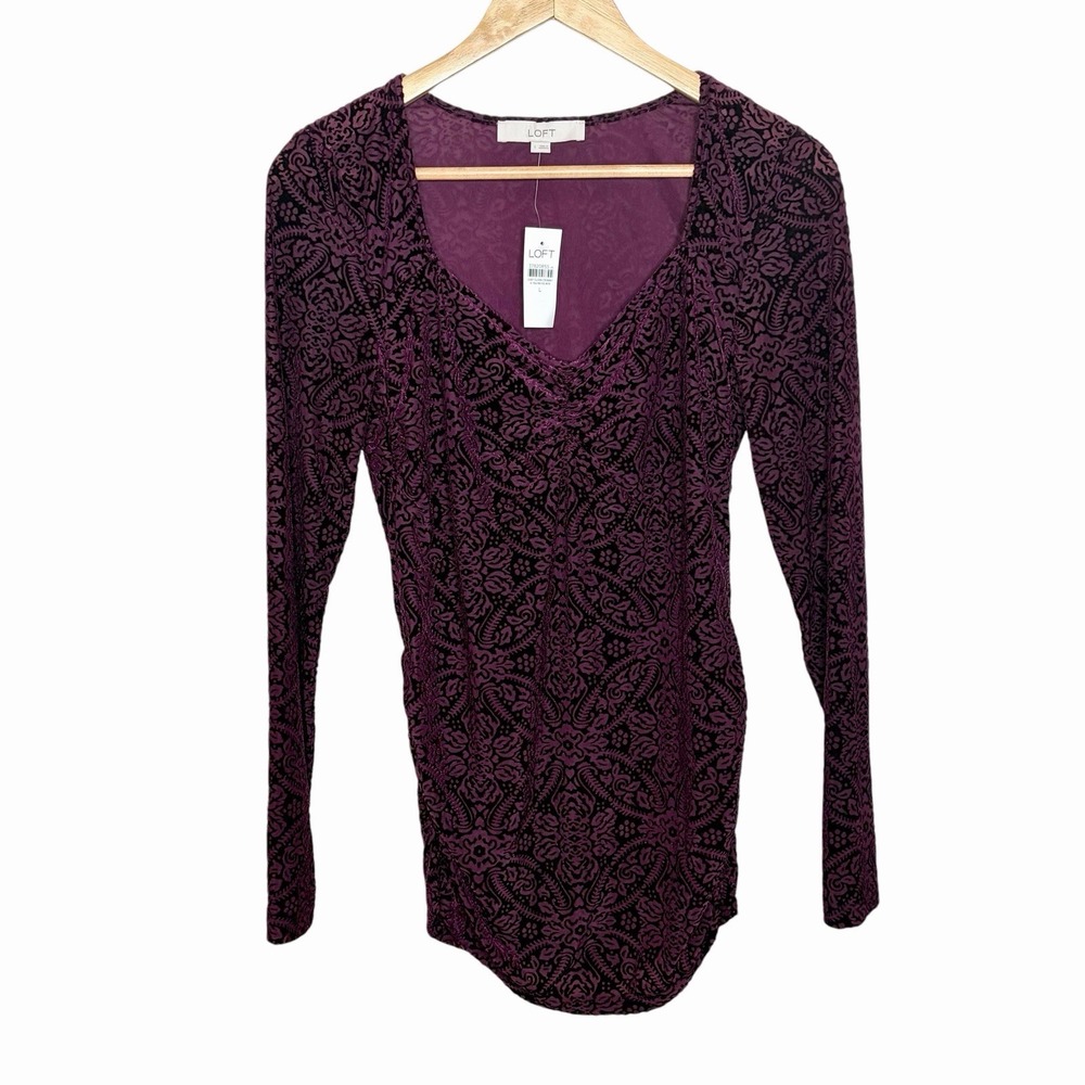 Loft Velvet Burnout Top Purple Womens Size L Whimsigoth Fairy Ruched Sheer